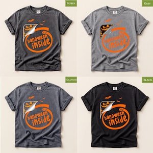 The image is a collage of four images, each featuring a t-shirt with a Halloween-themed design. The t-shirts are in different colors and sizes, and they all display the same design, which includes a Halloween-themed graphic with the text "Halloween inside".