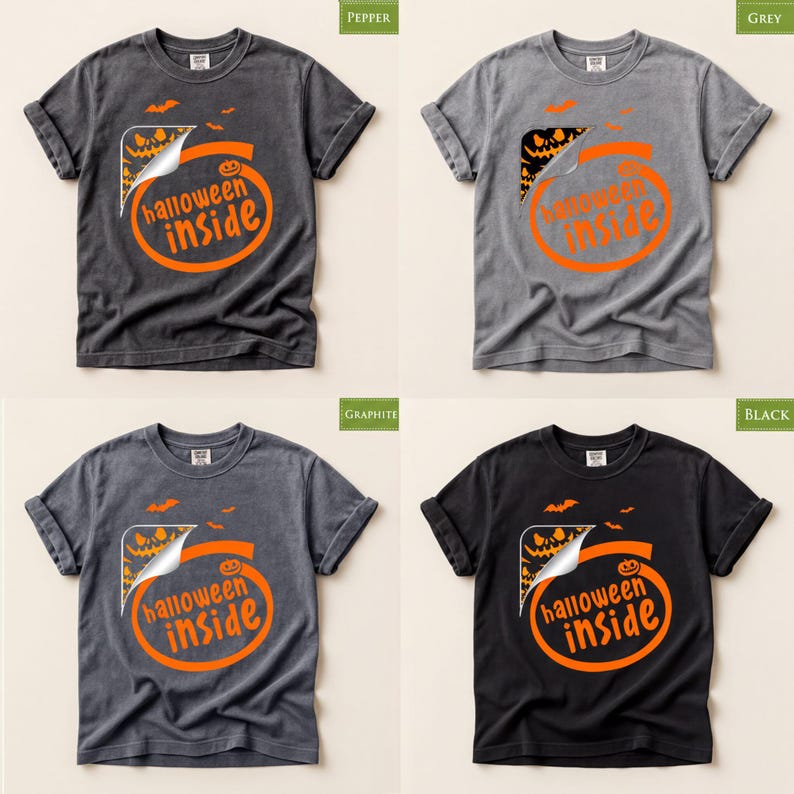 The image is a collage of four images, each featuring a t-shirt with a Halloween-themed design. The t-shirts are in different colors and sizes, and they all display the same design, which includes a Halloween-themed graphic with the text "Halloween inside".