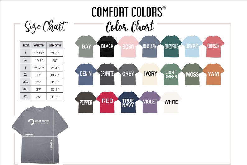 The image is a color chart that provides a visual representation of various color options available for a T-shirt. It includes a size chart with different widths and corresponding shirt styles, as well as a color chart that displays the color options available for each shirt style.