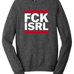 A gray sweatshirt with a bold red and white graphic design on the front.