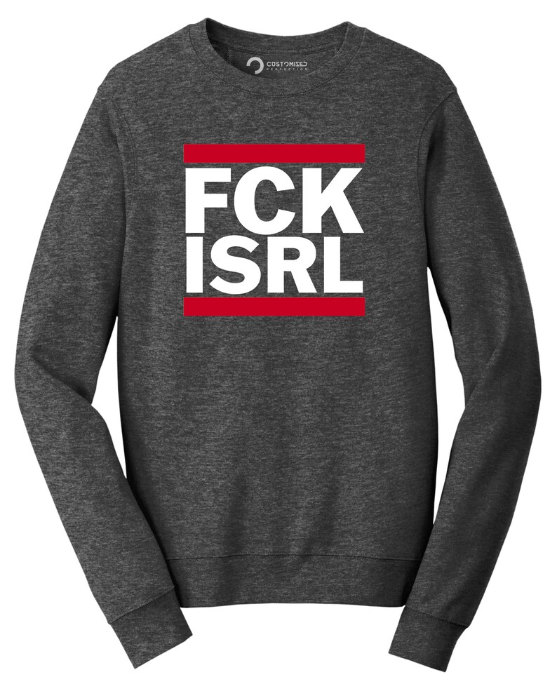 A gray sweatshirt with a bold red and white graphic design on the front.