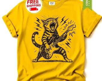 Rock n Roll Cat Playing Guitar Shirt | Comfort Colors® Funny Music Lover Kitty Tee