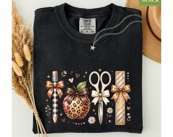 Comfort Colors® Leopard Apple Teacher Shirt, Back To School Top, Coquette Bow Pencil Scissors Ruler Tee