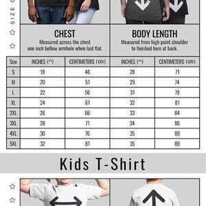 The image is a size guide for men's and kids' soft cotton t-shirts, providing measurements for chest and body length.