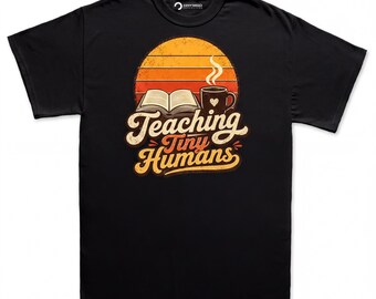 Teaching Tiny Humans Shirt | Vintage Retro Teacher Tee | Coffee Book Lover Top