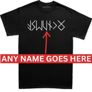 A black Runes Furthark t-shirt with white text and a red upward pointing arrow.