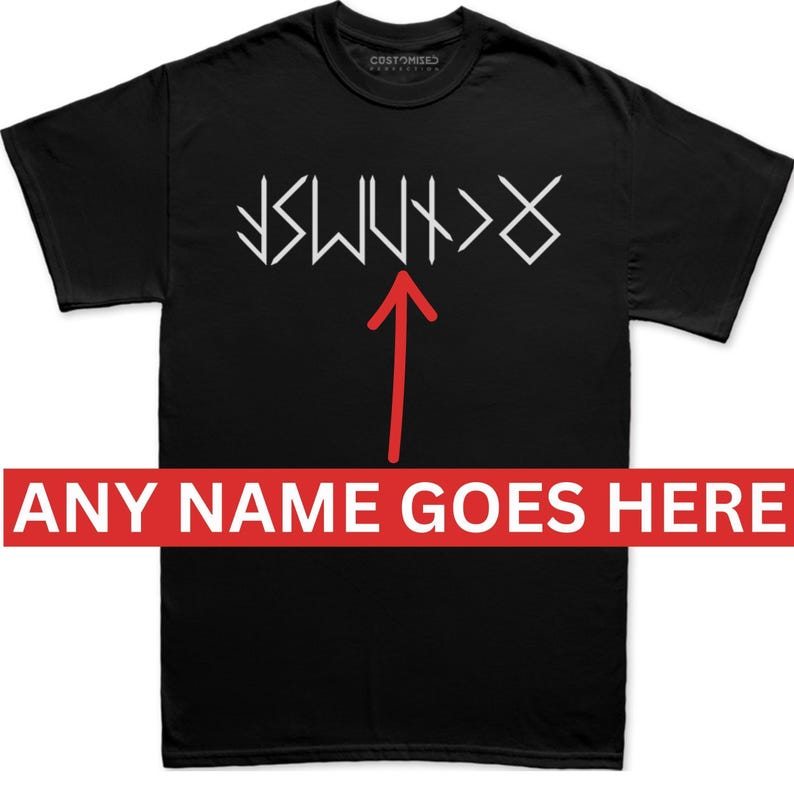 A black Runes Furthark t-shirt with white text and a red upward pointing arrow.