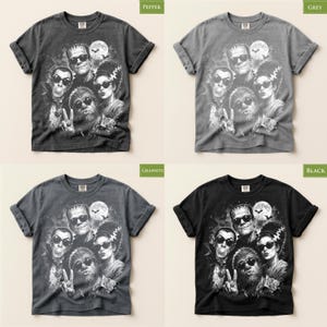 The image is a collage of four different t-shirt designs featuring the characters from the horror film "The Bride of Frankenstein". The t-shirts are in various colors, including grey, black, and grey, and each design showcases the characters in a unique way.