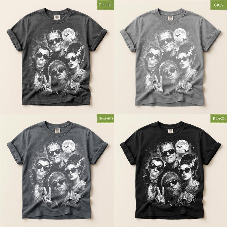 The image is a collage of four different t-shirt designs featuring the characters from the horror film "The Bride of Frankenstein". The t-shirts are in various colors, including grey, black, and grey, and each design showcases the characters in a unique way.
