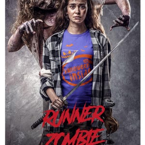 The image is a movie poster for the film " Runner Zombie". It features a woman holding a sword and a zombie-like creature behind her. The title of the film is prominently displayed in large red letters.