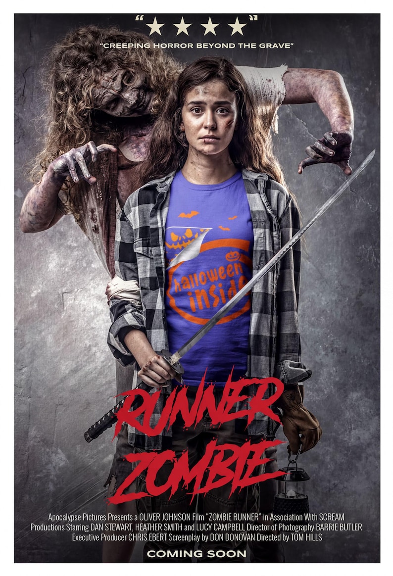 The image is a movie poster for the film " Runner Zombie". It features a woman holding a sword and a zombie-like creature behind her. The title of the film is prominently displayed in large red letters.