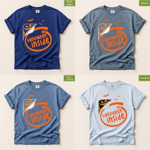 The image is a collage of four different t-shirt designs featuring the phrase "halloween inside" in various colors and styles.