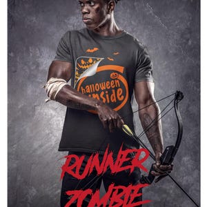 A man wearing a Halloween-themed t-shirt and holding a bow and arrow stands in a dark, moody setting, with the text "RUNNER ZOMBIE" prominently displayed.