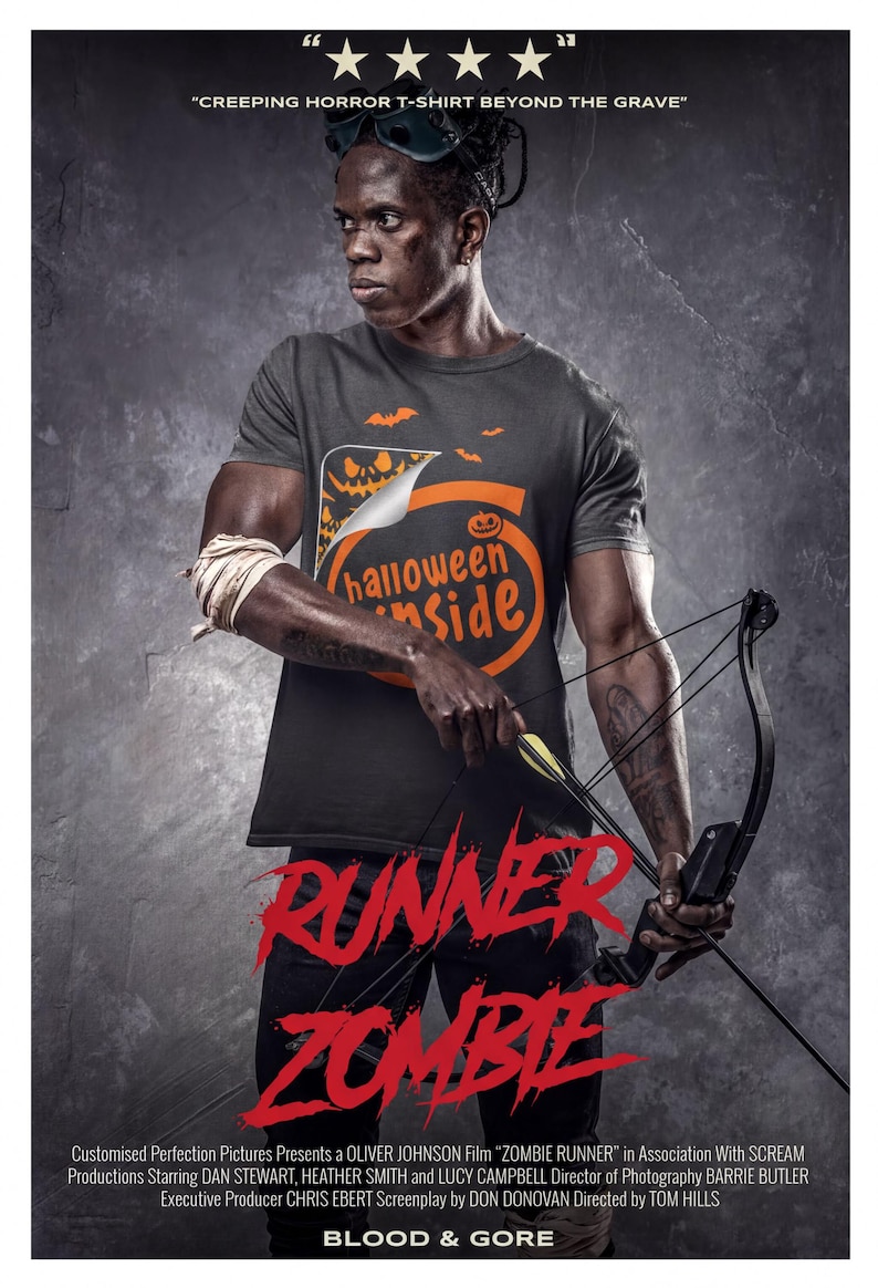 A man wearing a Halloween-themed t-shirt and holding a bow and arrow stands in a dark, moody setting, with the text "RUNNER ZOMBIE" prominently displayed.