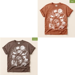 The image is a collage of two t-shirt designs featuring a group of people with various facial expressions and accessories.