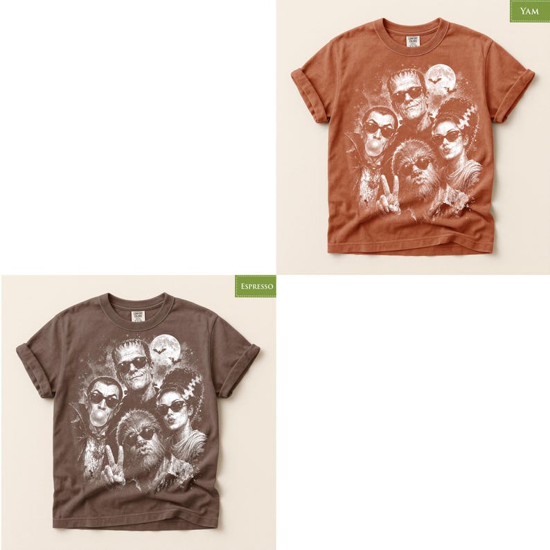 The image is a collage of two t-shirt designs featuring a group of people with various facial expressions and accessories.