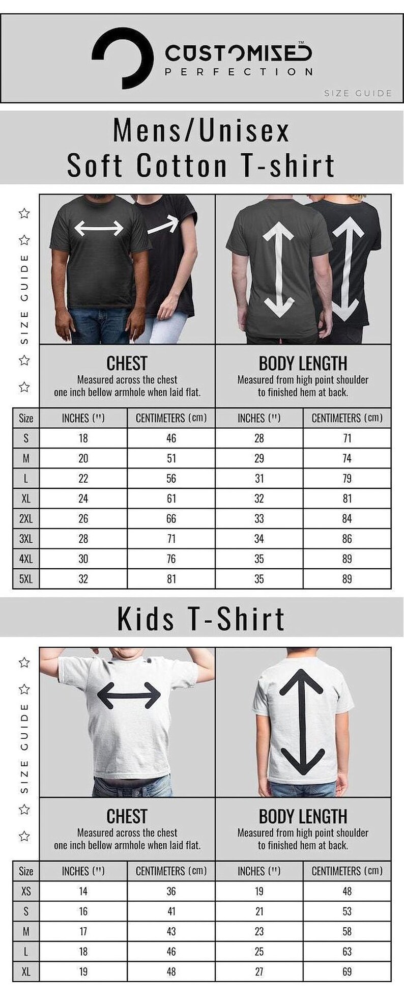 The image is a size guide for men's and kids' soft cotton t-shirts, providing measurements for chest and body length.