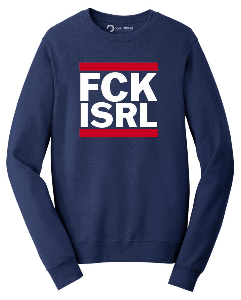 A navy blue long-sleeved sweatshirt with the text "FCK ISRL" printed in white and red on the front.