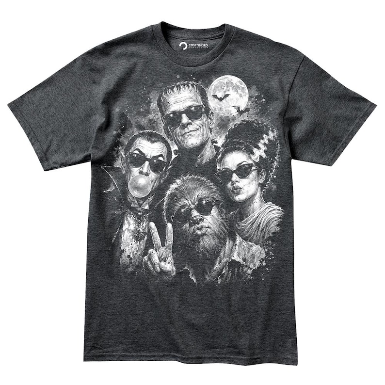 A t-shirt design featuring the iconic characters from the horror film "The Bride of Frankenstein", including Frankenstein's monster, Mary Shelley, and other supernatural beings.