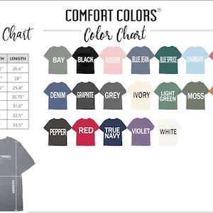 The image is a color chart that provides a visual representation of various color options available for a T-shirt. It includes a size chart with different widths and corresponding shirt styles, as well as a color chart that displays the color options available for each shirt style.
