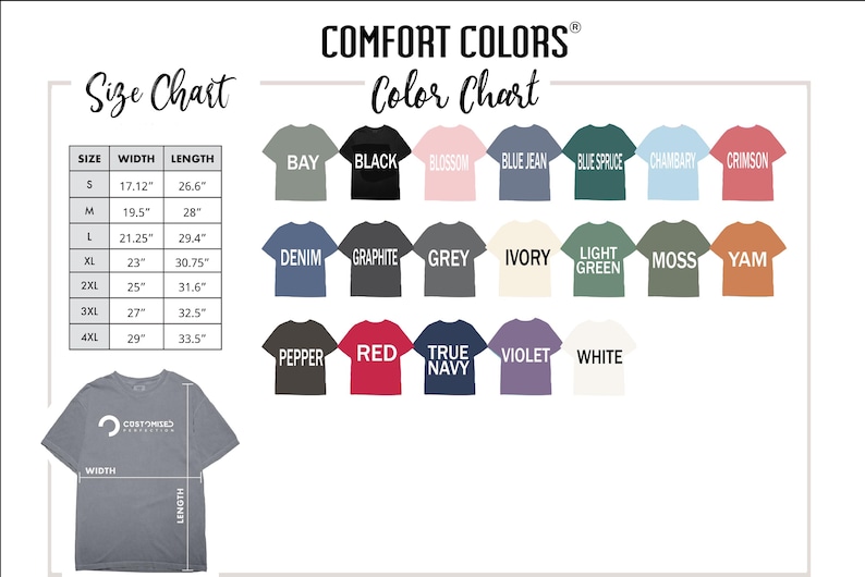 The image is a color chart that provides a visual representation of various color options available for a T-shirt. It includes a size chart with different widths and corresponding shirt styles, as well as a color chart that displays the color options available for each shirt style.