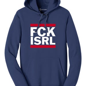 A navy blue hoodie with a graphic design on the front.