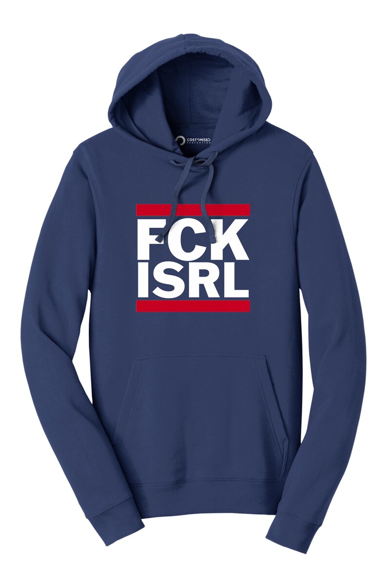 A navy blue hoodie with a graphic design on the front.