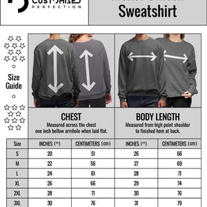The image is a size guide for men's and unisex sweatshirts, providing measurements for chest, body length, and inches for different sizes.