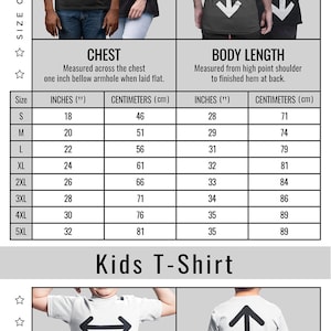 May include: Image of a size guide for Mens/Unisex and Kids Soft Cotton T-shirts. The guide shows chest and body length measurements in inches and centimeters. The Mens/Unisex sizes range from S (18 inches chest, 46 cm) to 5XL (32 inches chest, 81 cm).
