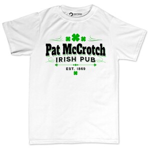A white t-shirt with the text "Pat McCroch Irish Pub EST. 1869" printed on it, along with four shamrocks.