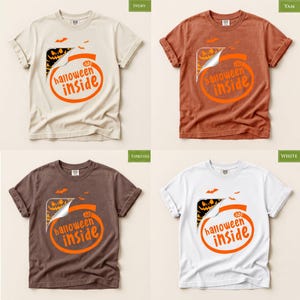 The image is a collage of four t-shirt designs, each featuring a Halloween-themed graphic and the phrase "Halloween inside" printed on them.