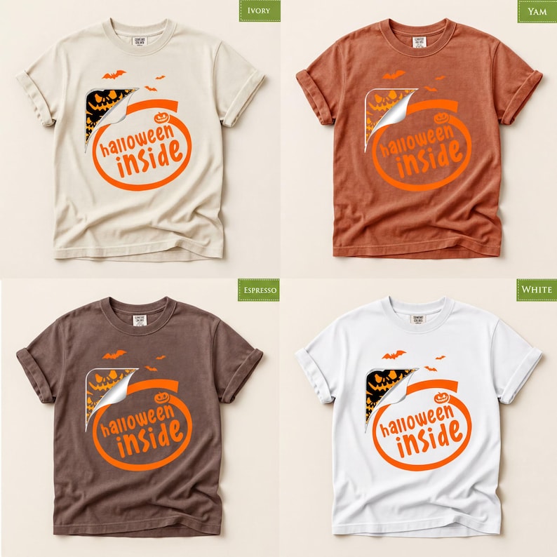 The image is a collage of four t-shirt designs, each featuring a Halloween-themed graphic and the phrase "Halloween inside" printed on them.