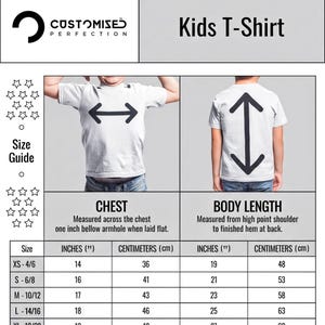 The image is a size guide for kids' t-shirts, providing measurements for chest, body length, and inches/centimeters.