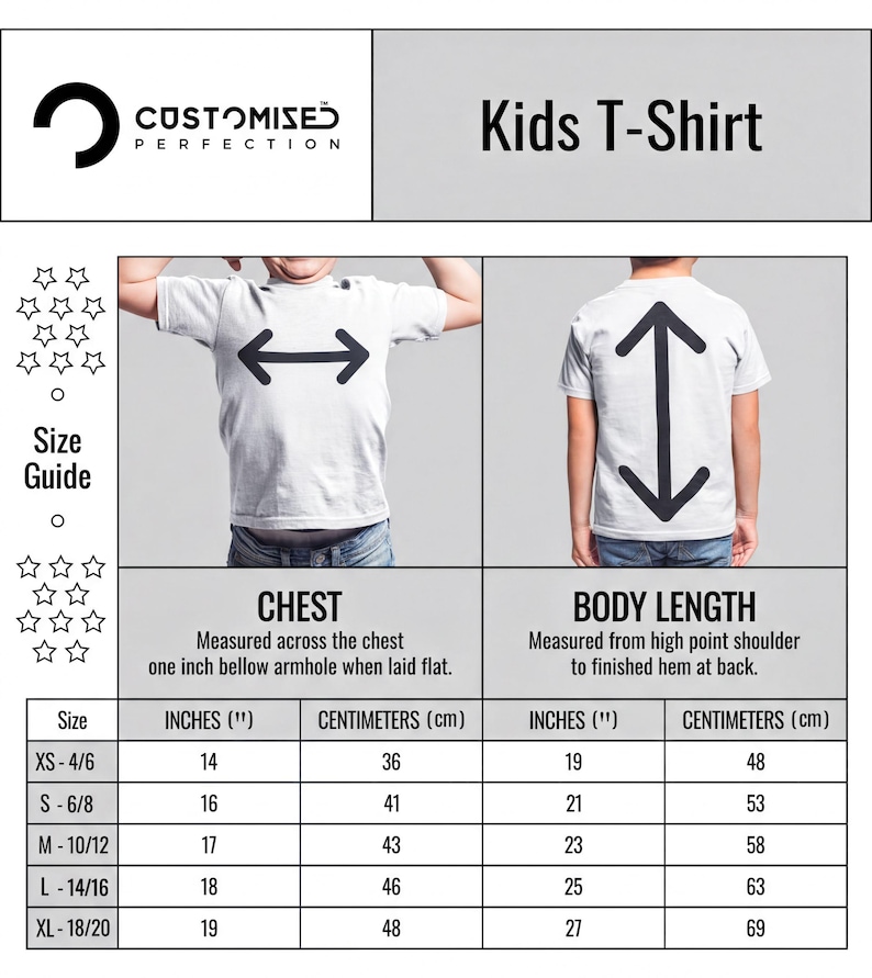 The image is a size guide for kids' t-shirts, providing measurements for chest, body length, and inches/centimeters.