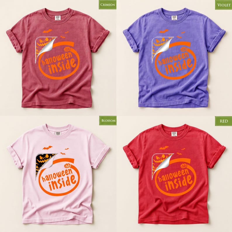 The image is a collage of four t-shirt designs, each featuring a Halloween-themed graphic and the text "Halloween inside" printed on them.