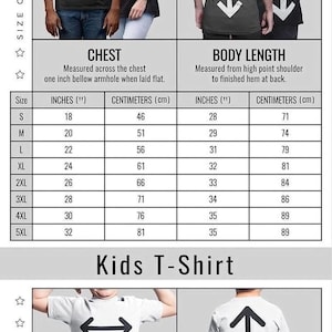 The image is a size guide for men's and kids' soft cotton t-shirts, providing measurements for chest and body length.