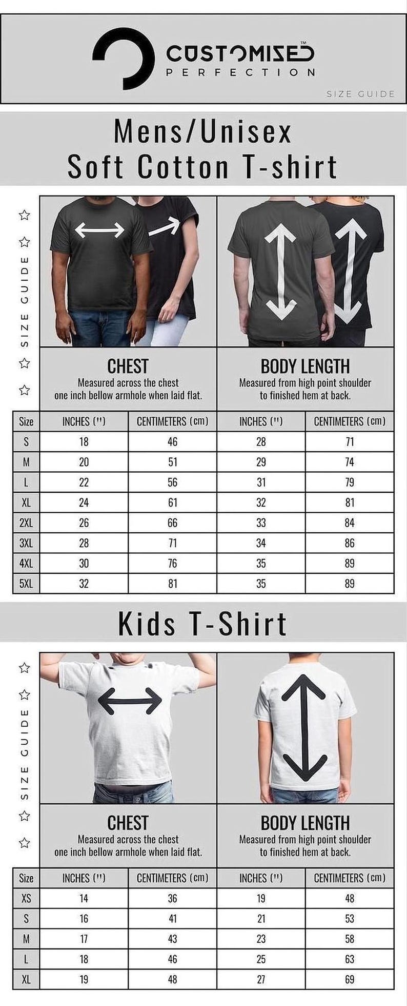The image is a size guide for men's and kids' soft cotton t-shirts, providing measurements for chest and body length.