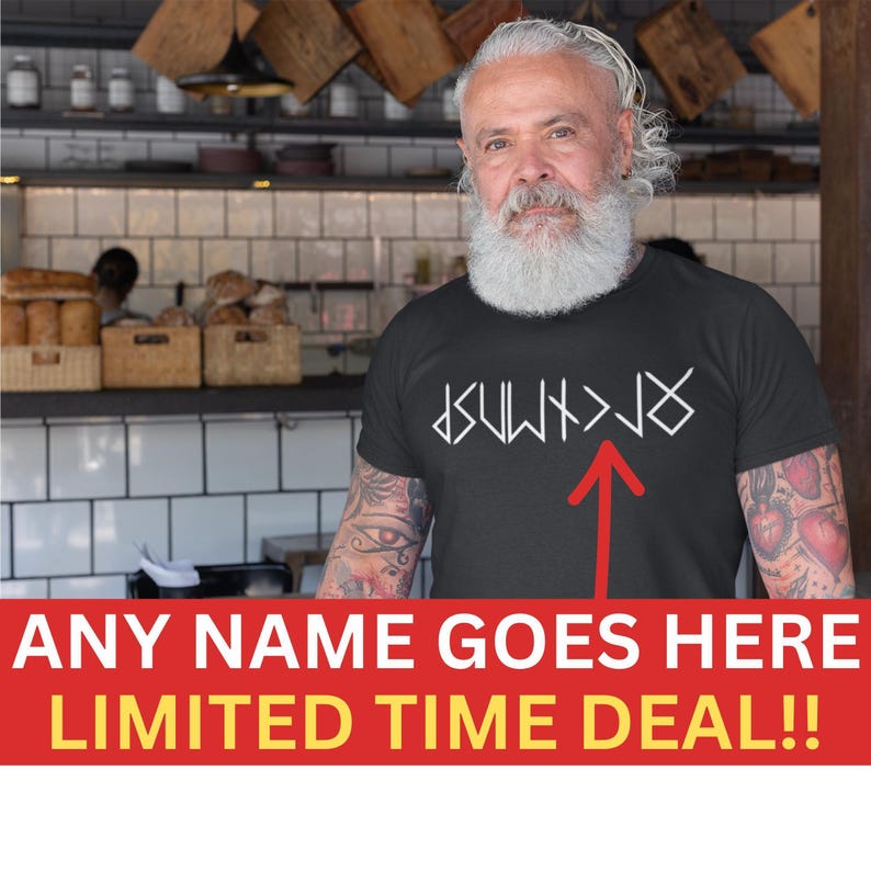 Custom Name in Runes Font shirt, on a bearded man