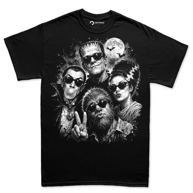 A black and white t-shirt with a graphic design featuring the characters from the horror film "The Haunting of Hill House" in a group portrait.