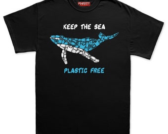 Mens Whale Plastic Mosaic Marine Pollution Protest Hand Drawn T shirt Tee Top T-shirt