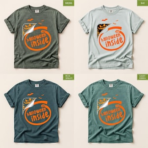 The image is a collage of four t-shirt designs, each featuring a Halloween-themed graphic and the phrase "halloween inside" printed on them.