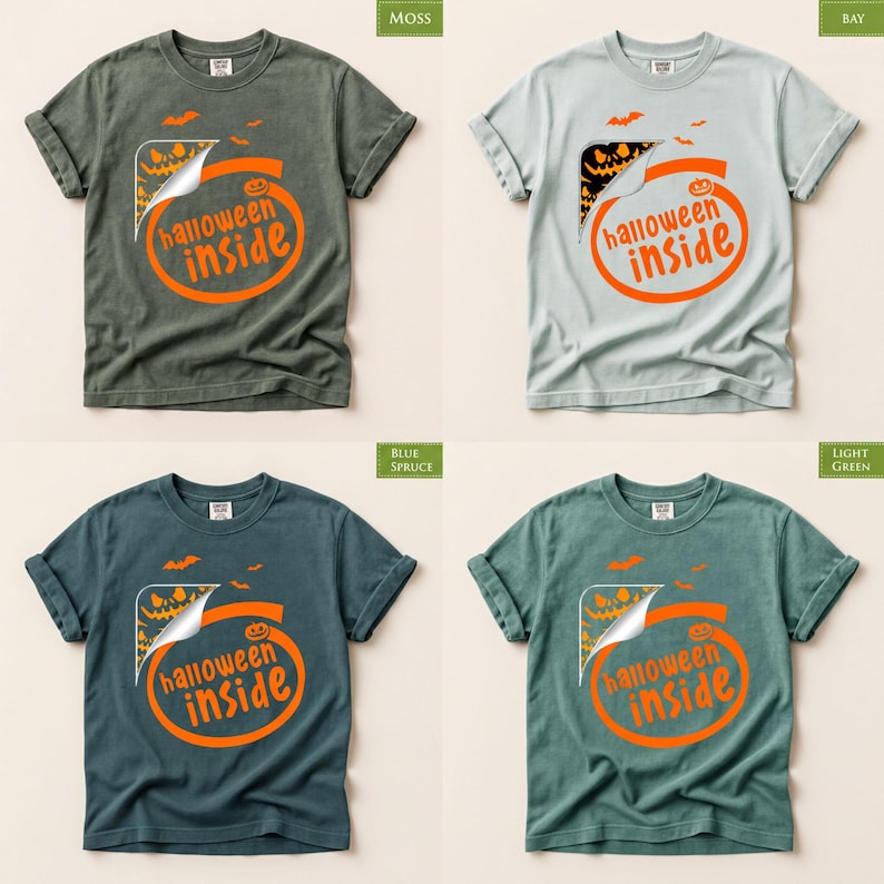 The image is a collage of four t-shirt designs, each featuring a Halloween-themed graphic and the phrase "halloween inside" printed on them.