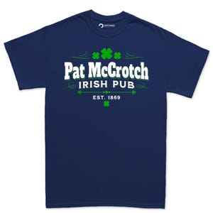 A navy blue t-shirt with the text "Pat McCroch Irish Pub EST. 1869" printed on it, along with four shamrocks.