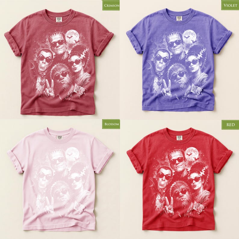 The image is a collage of four different t-shirt designs featuring a group of people with various expressions and poses.