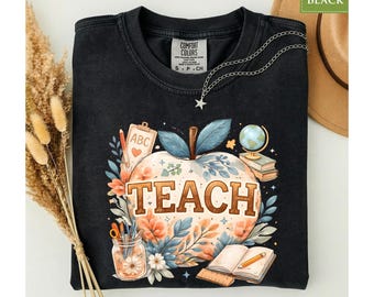 Comfort Colors® Boho Teach Apple Teacher Shirt, Floral Classroom Educator Back to School Graphic Tee
