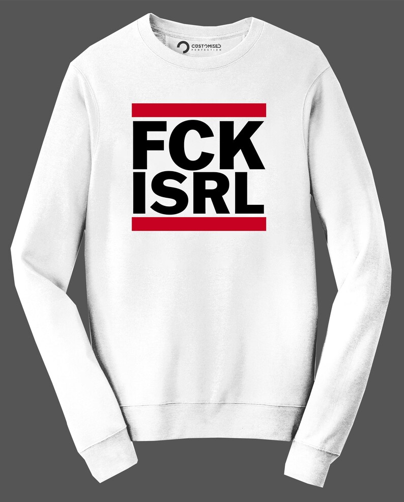 A white long-sleeved shirt with the text "FCK ISRL" printed on it in bold black letters.