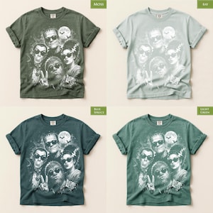 The image is a collage of four images, each featuring a t-shirt design with a group of people and various Halloween-themed elements.