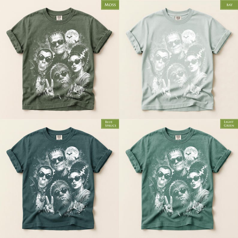 The image is a collage of four images, each featuring a t-shirt design with a group of people and various Halloween-themed elements.