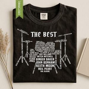 Camiseta para baterista, presente para percussionistas, Comfort Colors® com design icônico de bateria e nomes lendários.