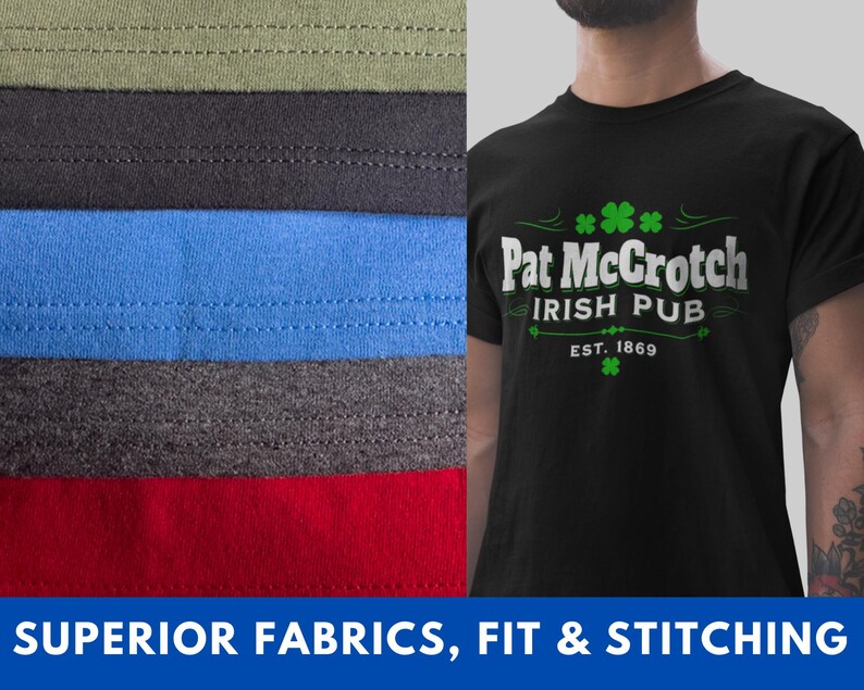 A black t-shirt with the text "Pat McCroch Irish Pub EST. 1869" printed on it, along with a green shamrock symbol. The t-shirt is displayed next to a pile of various colored fabrics, suggesting a selection of materials for clothing or textile purposes.